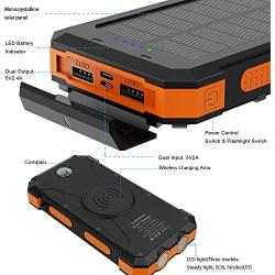 Solar Power Bank, X-DRAGON 24000mAh Qi Wireless Portable Charger External Battery Pack with Dual Input(USB C & MICRO), Dual Flashlight, Compass for iPhone, iPad, Samsung, Cellphones, Outdoors, Camping