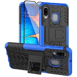 ComoUSA Designed for Galaxy A10e Case with 9H Tempered Full Glass Screen Protector, Shockproof Slim Protective with Kickstand Hard Phone Cover for Samsung Galaxy A10e Phone (Blue)