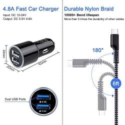 USB C Car Charger, Dual-Port Car Adapter with 2-Pack 6ft Fast Charging C Cable for Samsung Galaxy S20+ S20 S10+ S10E A51 Note 10+ 10 8 9 LG G8 G6 K51 Stylo 4 5 6 Google Pixel 3A 4 XL X1 Moto G8 G8+ Z4