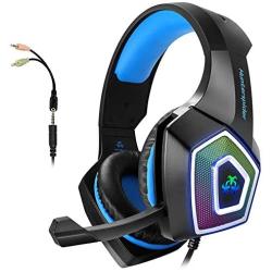 Gaming Headset with Mic for Xbox One PS4 PC Switch Tablet Smartphone, Headphones Stereo Over Ear Bass 3.5mm Microphone Noise Canceling 7 LED Light Soft Memory Earmuffs(Free Adapter) (Renewed)