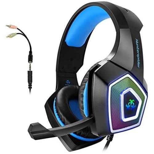 Gaming Headset with Mic for Xbox One PS4 PC Switch Tablet Smartphone, Headphones Stereo Over Ear Bass 3.5mm Microphone Noise Canceling 7 LED Light Soft Memory Earmuffs(Free Adapter) (Renewed)