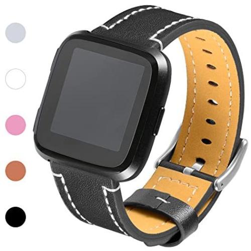 Henoda Compatible with Fitbit Versa Bands, Classic Genuine Leather Replacement Wristband Adjustable Fitness Strap for Fitbit Versa Women Men