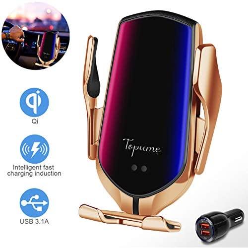 TopWan Wireless Car Charger Mount, Automatic Smart Sensor 10W Fast Charging Compatible for iPhone 11/11Pro/11 Pro Max/Xs Max/XR/X/8/8Plus Samsung S9/S8/Note 8
