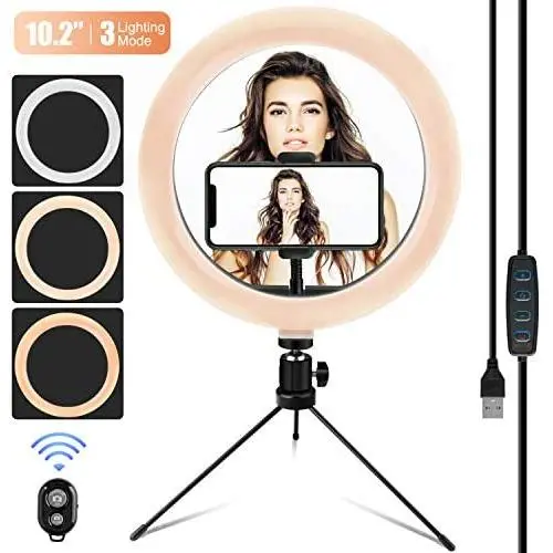 10.2" LED Ring Light Elegant Choise Desktop Selfie Ring Light with Tripod Stand Cell Phone Holder Remote Control for Photography YouTube Video and Makeup Live Streaming 3 Light Modes