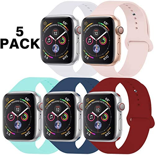 GZ GZHISY Pack 5 Sport Bands Compatible for Apple Watch Band 42mm 44mm, Soft Silicone Band Sport Strap Compatible for iWatch Series 5/4/3/2/1