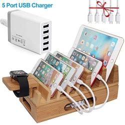 Pezin & Hulin Bamboo Charging Station Holder with 5 Port USB Charger, Watch Stand, 5 x Charge Cable, Wood Docking Stand Electronic Organizer for Multiple Devices, Phones, Tablets, Laptop and More