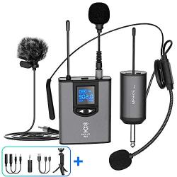 UHF Wireless Microphone System Headset Mic/Stand Mic/Lavalier Lapel Mic with Rechargeable Bodypack Transmitter & Receiver 1/4" Output for iPhone, PA Speaker, DSLR Camera, Recording, Teaching