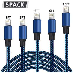 WUYA iPhone Charger, MFi Certified Lightning Cable 5 Pack (3/3/6/6/10FT) Nylon Woven with Metal Connector Compatible iPhone Xs Max/X/8/7/Plus/6S/6/SE/5S iPad - Black&Blue