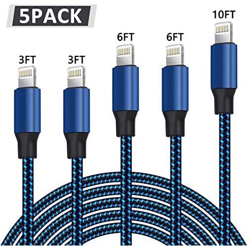 WUYA iPhone Charger, MFi Certified Lightning Cable 5 Pack (3/3/6/6/10FT) Nylon Woven with Metal Connector Compatible iPhone Xs Max/X/8/7/Plus/6S/6/SE/5S iPad - Black&Blue
