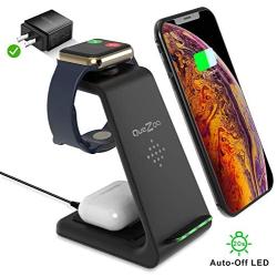 Quezqa Wireless Charging Stand – 3 in 1 Fast Wireless Charger – Qi Charging Station Dock Compatible with AirPods Pro Apple Watch Series 5 4 3 2 iPhone 11 Pro Max Xs X Xr 8(with QC 3.0 Adapter) (Black)