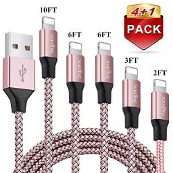 Phone Charger Cable Rose Gold - Sagmoc USB Cord with Highspeed Nylon Braided 【5 Pack】10FT 2x6FT 3FT 2FT Compatible with XS/XS MAX/XR/X/8/8Plus/7/7Plus/6/6Plus/6s/6sPlus/5/5s/AIR/PRO and More (Pink)