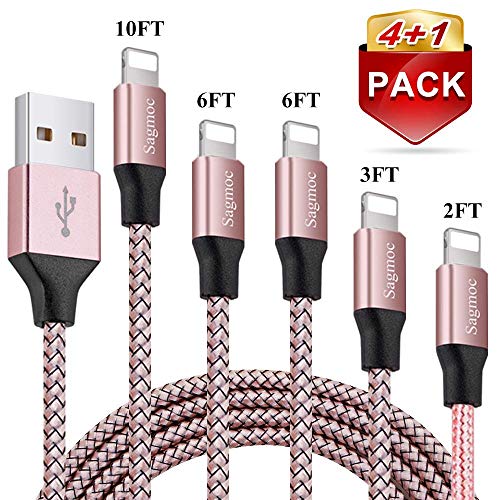 Phone Charger Cable Rose Gold - Sagmoc USB Cord with Highspeed Nylon Braided 【5 Pack】10FT 2x6FT 3FT 2FT Compatible with XS/XS MAX/XR/X/8/8Plus/7/7Plus/6/6Plus/6s/6sPlus/5/5s/AIR/PRO and More (Pink)