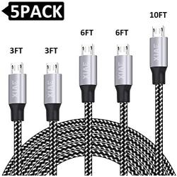 Micro USB Cable,XIAE 5Pack (3/3/6/6/10FT) Nylon Braided Fast Charging Cable Aluminum Housing USB Charger Android Cable for Samsung Galaxy S7 Edge S6 S5,Android Phone,LG G4,HTC and More-Black&White