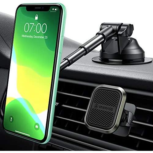 VANMASS 2020 Industry-Leading Zinc Alloy Universal Magnetic Car Mount with 6 Powerful Magnet, Long Telescopic Arm, Enhanced Gel Suction Cup, Dash Windshield Vent Phone Holder for All Phone&Tablet