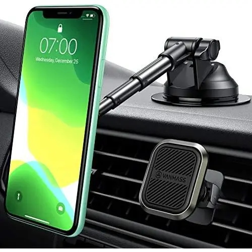 VANMASS 2020 Industry-Leading Zinc Alloy Universal Magnetic Car Mount with 6 Powerful Magnet, Long Telescopic Arm, Enhanced Gel Suction Cup, Dash Windshield Vent Phone Holder for All Phone&Tablet