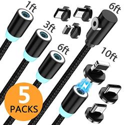 Magnetic Charging Cable, (5-Pack, 1ft/3ft/6ft/6ft/10ft) 3 in 1 USB Magnetic Phone Charger Cable Nylon Braided Magnet Charger Cable Compatible with Micro USB, Type C Smartphone and iProduct Device