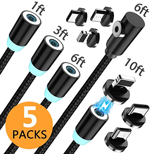 Magnetic Charging Cable, (5-Pack, 1ft/3ft/6ft/6ft/10ft) 3 in 1 USB Magnetic Phone Charger Cable Nylon Braided Magnet Charger Cable Compatible with Micro USB, Type C Smartphone and iProduct Device