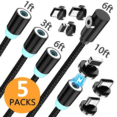 Magnetic Charging Cable, (5-Pack, 1ft/3ft/6ft/6ft/10ft) 3 in 1 USB Magnetic Phone Charger Cable Nylon Braided Magnet Charger Cable Compatible with Micro USB, Type C Smartphone and iProduct Device Magnetic Charging Cable, (5-Pack, 1ft/3ft/6ft/6ft/10ft) 3 in 1 USB Magnetic Phone Charger Cable Nylon Braided Magnet Charger Cable Compatible with Micro USB, Type C Smartphone and iProduct Device