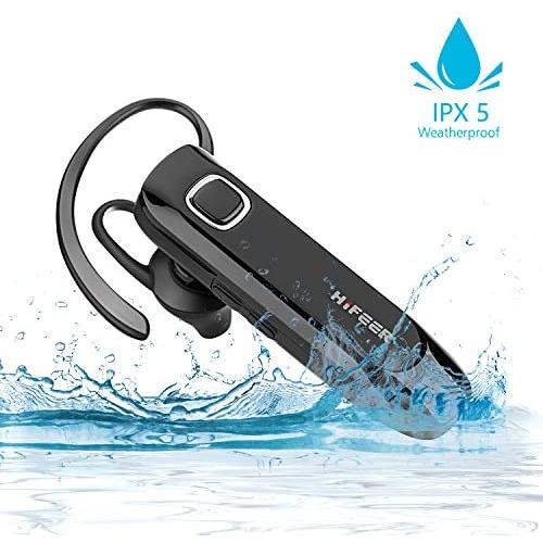 HIFEER Bluetooth Headset Waterproof Voice Command Wireless Bluetooth Earpiece with Noise Canceling Mic Hands Free for iPhone Android Samsung Cell Phone - Black