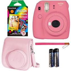 Fujifilm Instax Mini 9 Instant Camera - Flamingo Pink, Fujifilm Instant Mini Rainbow Film, and Fujifilm Instax Groovy Camera Case - Pink