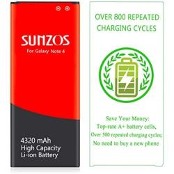 Galaxy Note 4 Battery, SUNZOS 4320mAh Li-ion Replacement Battery for Samsung Galaxy Note 4 N910, N910U LTE, N910V (Verizon), N910T (T-Mobile), N910A (AT&T), N910P (Sprint) [3 Years Warranty]