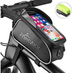 FISHOAKY Bike Front Frame Bags, Waterproof Bicycle Phone Mount Bag, Sensitive Touch Screen Sun Visor Large Capacity Top Tube Bike Bag Fits for iPhone X Xs Max 8 Plus Below 6.5"