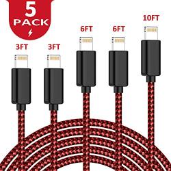 SANYEYE iPhone Charger,MFi Certified Lightning Cable,5 Pack(3-3-6-6-10FT) Nylon Braided USB Charging Compatible with iPhone 11/Pro/X/Max/XR/XS/8/Plus/7/7 Plus/6/6S/6/5 SE iPad-Black&Red