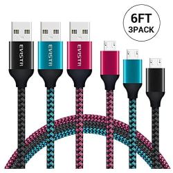Micro USB Cable, EVISTR 3PACK 6FT Charging Cable for Android Durable Nylon Braid Cell Phone Cable USB 2.0 A Male to Micro B Sync Data Cord Compatible with Samsung Note 5,4,3, Moto Smartphones Tablet