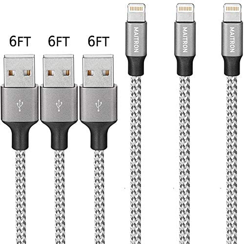 Maitron iPhone Charger, 3PACK 6FT Nylon Braided Lightning Cable Fast Charging High Speed Data Sync Cord Compatible with iPhoneX 8 8Plus 7 7Plus 6s 6sPlus 6 6Plus 5 5s 5c SE iPad iPod and More,White