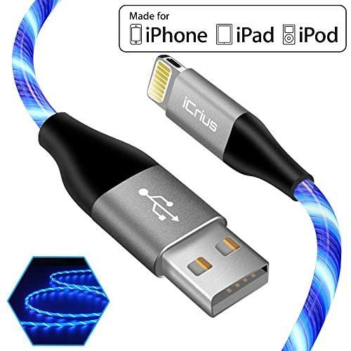 iPhone Charger Cable, [MFi Certified] iCrius 6ft Led Light Up Visible Flowing Lightning Cable Charging Cord Compatible with iPhone 11 Pro Max XS XR X 8 7 Plus 6S 6 SE 5S iPad and More(Blue)