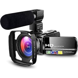 【Designed for Beginners】 Camcorder Video Camera Ultra HD 1080P Vlogging YouTube Digital Recorder Camera with Powerful Microphone, Lens Hood, Separate Battery Charger, 2 Batteries