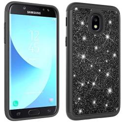 Galaxy J3 Achieve Case,Galaxy J3 2018/J3 Star/Express Prime3/Amp Prime3 Glitter Case,Luxury Glitter Sparkle Bling Case,Hybrid PC Silicone Faux Leather Cover,Dual Layer Armor Phone Case Black