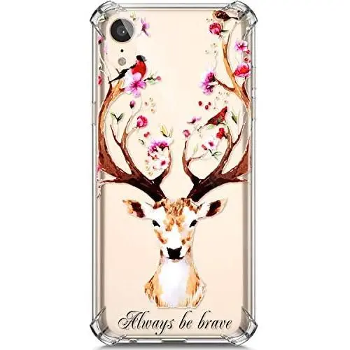 PHEZEN Case for iPhone XR Crystal Clear Case Floral Printed Ultra Slim Soft TPU Bumper Cushion Cover Anti-Scratch Transparent TPU Silicone Case for iPhone XR, Deer Flower