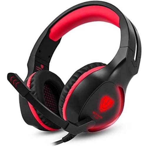 Gaming Headset MFEEL Over Ear Headphones with Mic for PS4 Xbox One S PC Laptop Tablet iPhone iPad Mobile Phones - Easy Volume Control & LED Lighting - Black Red