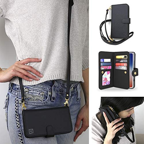 Gear Beast Crossbody Cell Phone Wallet Case Compatible with iPhone X & Xs, Dual Folio Slim Flip Folio Wallet Case with Seven Card Slots Including Transparent ID Holder and 48 to 54 Inch Strap