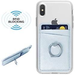 Cell Phone Card Holder RFID Blocking Sleeve with Ring Stand Silver Grey PU Leather Sticker on Back of Phone Wallet Pocket Pouch Sleeves Cover for Most Smartphones, Android and More