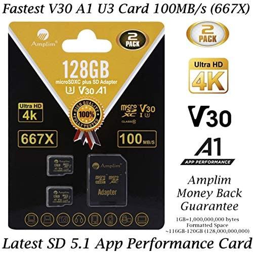 2-Pack 128GB Micro SD SDXC Card Plus Adapter Pack - Amplim 2X 128 GB MicroSD Card V30 A1 U3 C10 Extreme Speed 100MB/s UHS-I TF XC MicroSDXC Memory Card for Cell Phone, Nintendo, Galaxy, Fire, Gopro