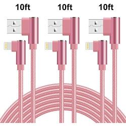 90 Degree iPhone Charger Cable 10ft Lightning Cable Right Angle Cable Fast Charging iPhone Cable 3 Pack Nylon Braided Charger Cord Compatible iPhone/iPad/iPod (Rose Gold,10 Foot)