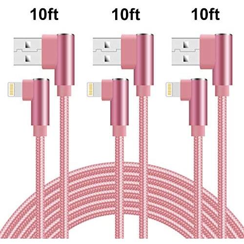 90 Degree iPhone Charger Cable 10ft Lightning Cable Right Angle Cable Fast Charging iPhone Cable 3 Pack Nylon Braided Charger Cord Compatible iPhone/iPad/iPod (Rose Gold,10 Foot)