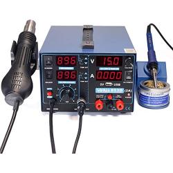 YIHUA 853D 2A USB SMD Hot Air Rework Soldering Iron Station, DC Power Supply 0-15V 0-2A with 5V USB Charging Port and 35 Volt DC Voltage Test Meter