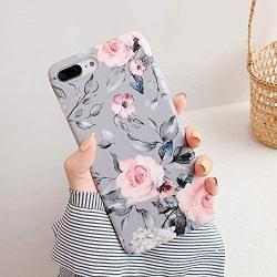 YeLoveHaw iPhone 8 Plus / 7 Plus Case for Girls, Flexible Soft Slim Fit Full-Around Protective Cute Phone Case Cover with Purple Floral and Gray Leaves Pattern for iPhone 7Plus / 8Plus (Pink Flowers)