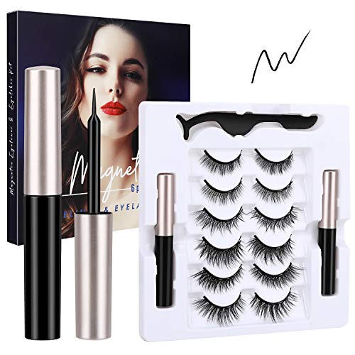 Magnetic Eyelashes with Eyeliner, Nivlan Upgraded 6 Pairs 3D Reusable Magnetic False Eye Lashes & 2 Tubes Waterproof Eyeliner Kit for Natural Look, No Glue Need