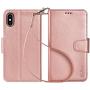 Arae Case for iPhone X/Xs, Premium PU Leather Wallet Case [Wrist Straps] Flip Folio [Kickstand Feature] with ID&Credit Card Pockets for iPhone X (2017) / Xs (2018) 5.8 inch (not for Xr) - Rose Gold