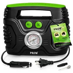 Prow Portable Air Compressor Tire Inflator AC/DC Electric Pump for Car – DC 12V, Home – AC 110V, Upscale, with Analog Pressure gauge, Air pump for Car Tires, Motorcycle, Bike, Basketball and More.