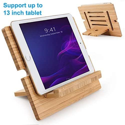 Bamboo Tablet Stand Adjustable, Pezin & Hulin Desktop Cell Phone Stand Holder Dock Compatible with Pad Pro 9.7, 10.5, 12.9, Air 2 3 4 Mini, Kindle, Phone 8 Plus X XS Max XR (Support to 13" Devices)