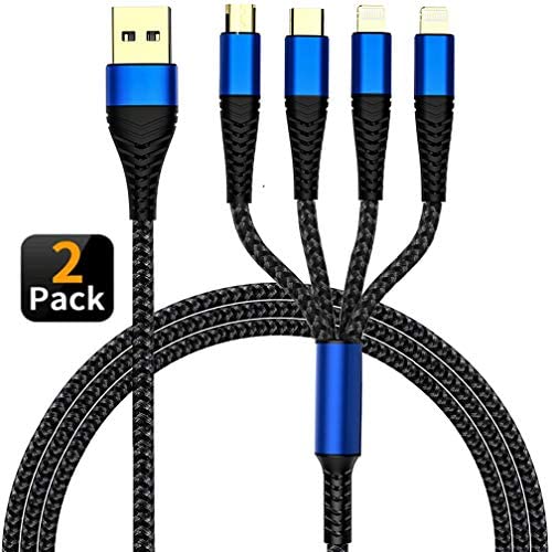 [Upgraded] Multi Charging Cable 2Pack 4ft Nylon Braided Universal 4 in 1 Multiple Ports Devices USB Charger Cord with Gold-Plated iOS x2/Type C/Micro USB Connectors for Phones Tablets (Charging Only)