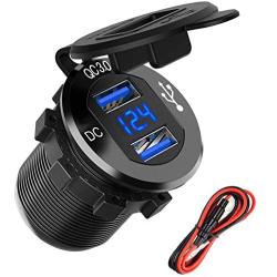 Quick Charge 3.0 Dual USB Charger Socket, SunnyTrip Waterproof Aluminum Power Outlet Fast Charge with LED Voltmeter & Wire Fuse DIY Kit for 12V/24V Car Boat Marine Motorcycle Truck Golf Cart and More