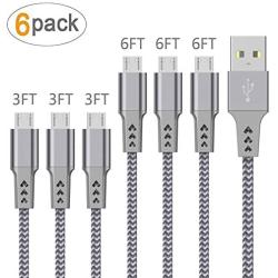 Micro USB Cable,Bynccea 6-Pack 3FT 3FT 3FT 6FT 6FT 6FT Cell Phone Charger Android Nylon Braided Fast Charging Cord Compatible with S6 S7 J3 J7 Fire One Silver