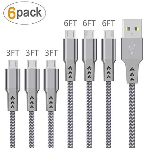 Micro USB Cable,Bynccea 6-Pack 3FT 3FT 3FT 6FT 6FT 6FT Cell Phone Charger Android Nylon Braided Fast Charging Cord Compatible with S6 S7 J3 J7 Fire One Silver Micro USB Cable,Bynccea 6-Pack 3FT 3FT 3FT 6FT 6FT 6FT Cell Phone Charger Android Nylon Braided Fast Charging Cord Compatible with S6 S7 J3 J7 Fire One Silver