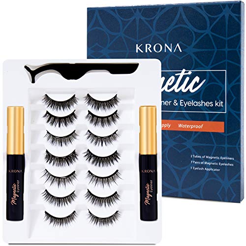 KRONA 3D Magnetic Eyelashes With Eyeliner Kit - 7 Pairs Of Reusable Lashes With Tweezer - Natural Long Full, Dramatic Looking Eyelashes Set - No Glue Needed